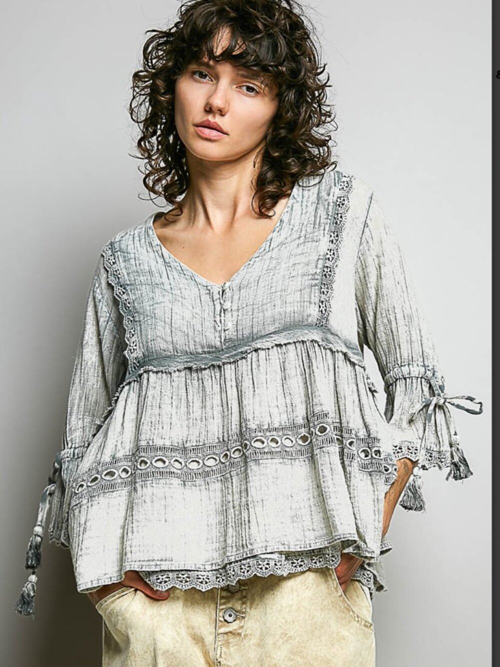 POL Boho Lace Peasant Blouse – Sage Textured Tiered Top